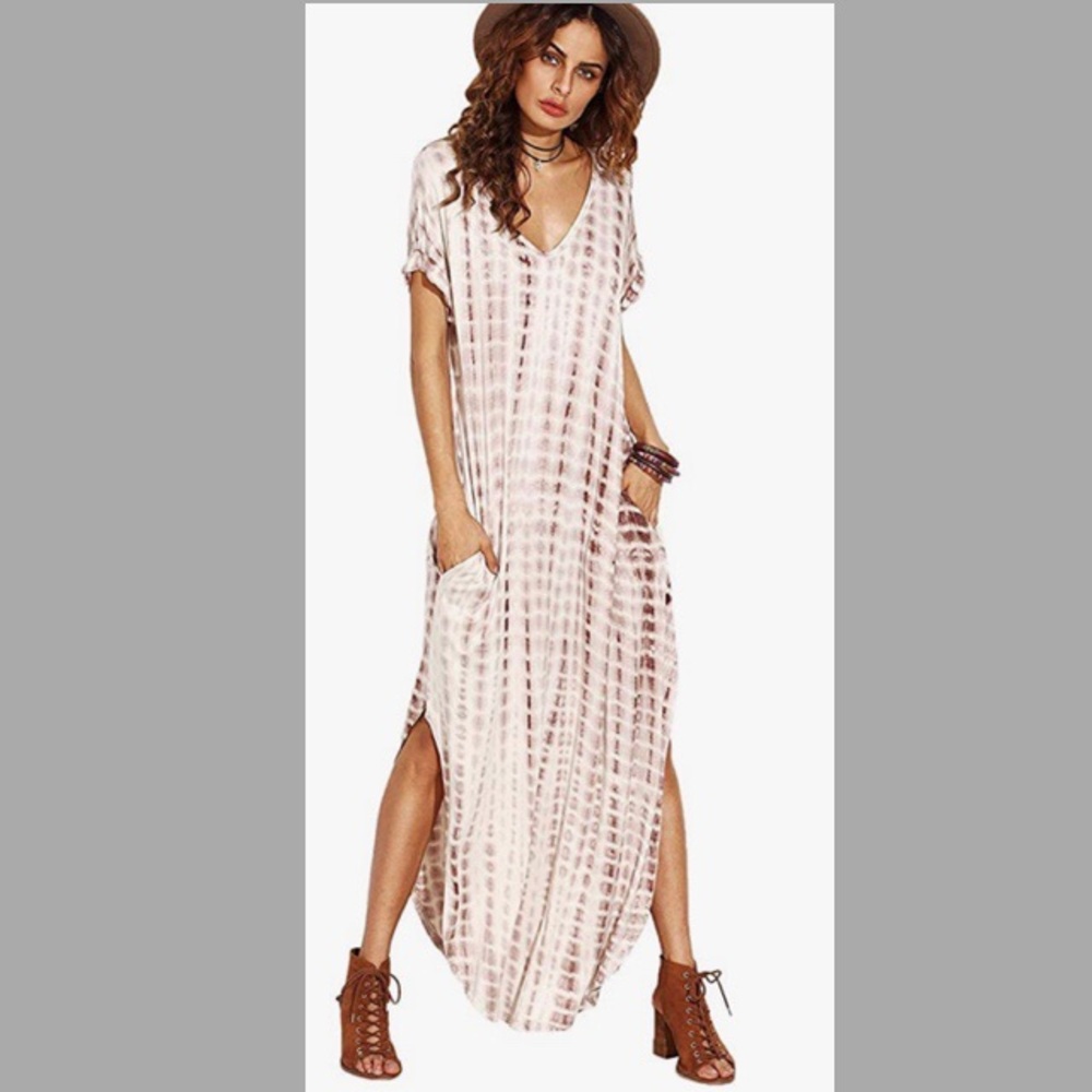Boho maxi short sleeve split pockets tie dye dress